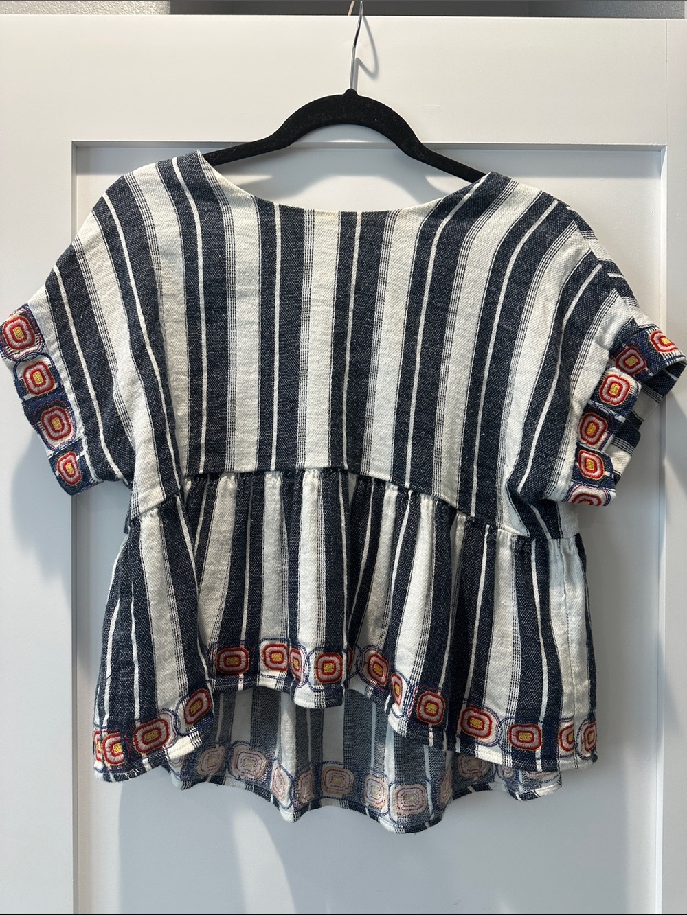 Maeve Navy & White Striped Peplum Top with Multicolor Embroidered Trim